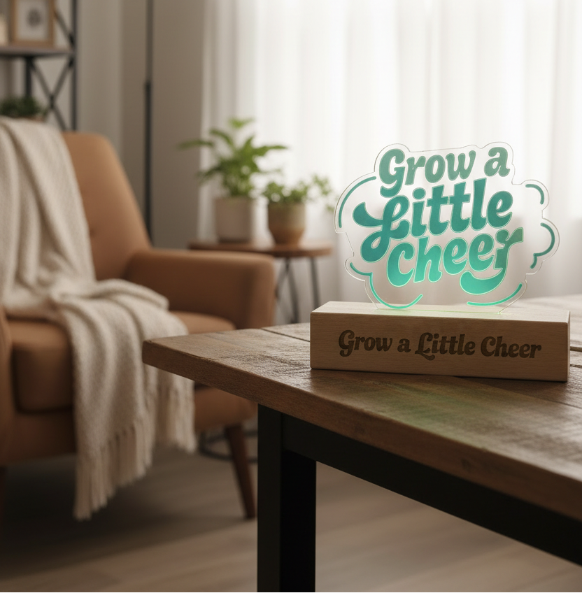 Decorative sign on a table with 'Grow a Little Cheer' text in a cozy living room.