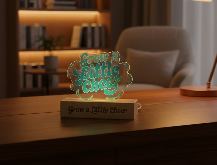 Decorative sign with 'Grow a Little Cheer' text on a wooden base in a cozy room.