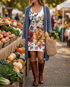Harvest Bloom dress and blue cardigan with a shoulder market bag holding bread, greens, and apples