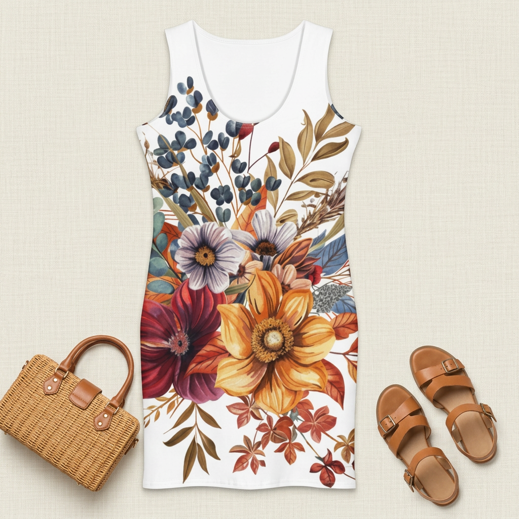 Harvest Bloom dress flat lay with sandals and woven bag