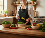 A woman wearing a black apron with green and yellow text reading 'Harvest Cook Sour' stands in a bright kitchen behind a wooden counter filled with bowls of salad, tomatoes, peppers, and herbs.