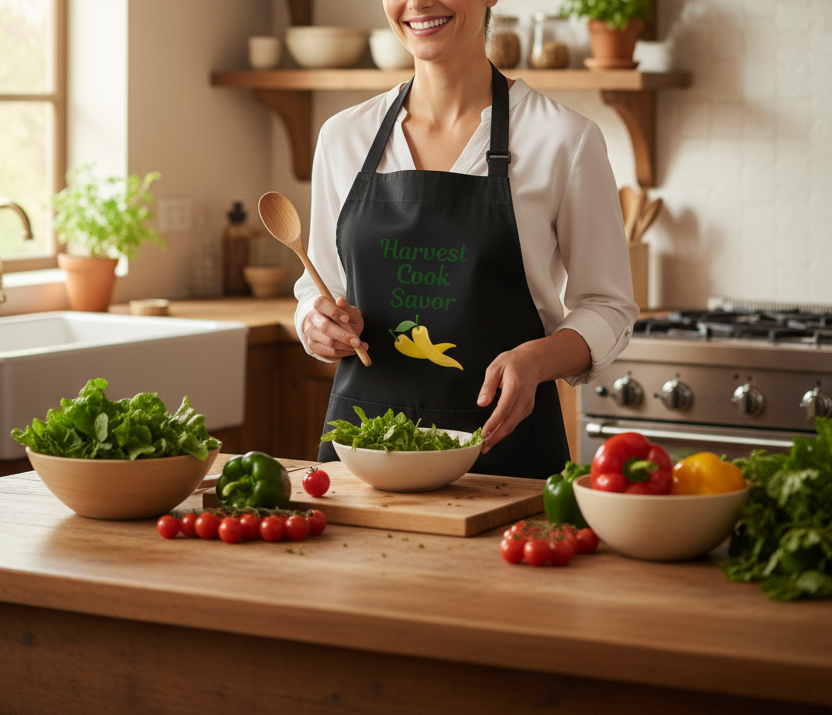 A woman wearing a black apron with green and yellow text reading 'Harvest Cook Sour' stands in a bright kitchen behind a wooden counter filled with bowls of salad, tomatoes, peppers, and herbs.