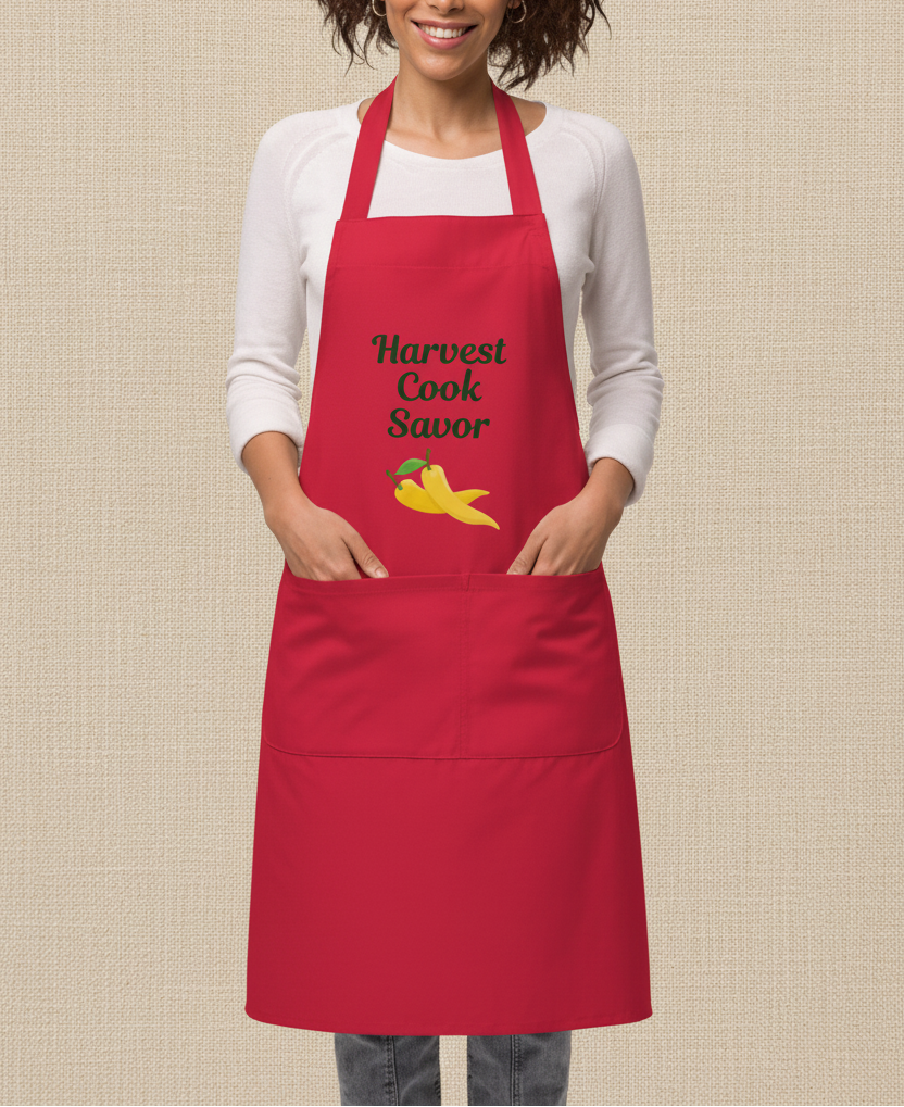 A woman wearing a bright red apron over a white long-sleeve shirt and gray jeans, standing against a plain beige background. The apron has the words 'Harvest Cook Savor' in black script with a small yellow and red pepper graphic below.