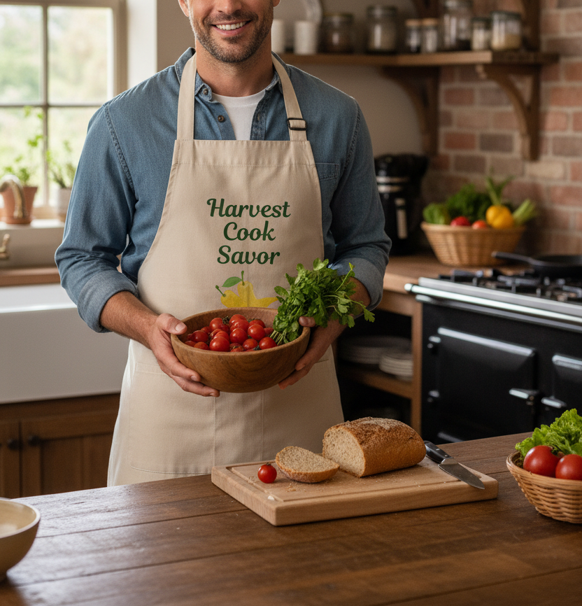 A man wearing a beige apron with the green text 'Harvest Cook Savor' stands in a rustic kitchen, holding a wooden bowl of cherry tomatoes and fresh herbs. A cutting board with a loaf of bread and a small tomato sits on the wooden counter in front of him.