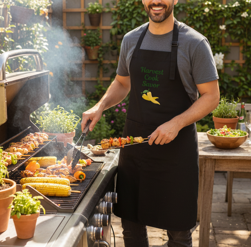 A man grilling outdoors on a barbecue with corn and skewered food, wearing a black apron with green and yellow text that reads 'Harvest Cook Sour' and a yellow bird graphic.