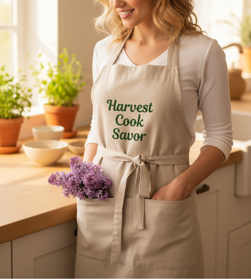 A woman in a kitchen wearing a beige apron with the green text 'Harvest Cook Savor' and holding a small bouquet of purple flowers.