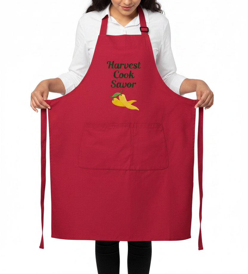 A person wearing a red apron with the words 'Harvest Cook Savor' and a small yellow pepper graphic on the chest, holding the sides of the neck strap against a plain white background.