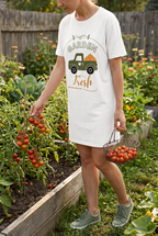 Harvesting tomatoes wearing just the Garden Fresh dress and sneakers