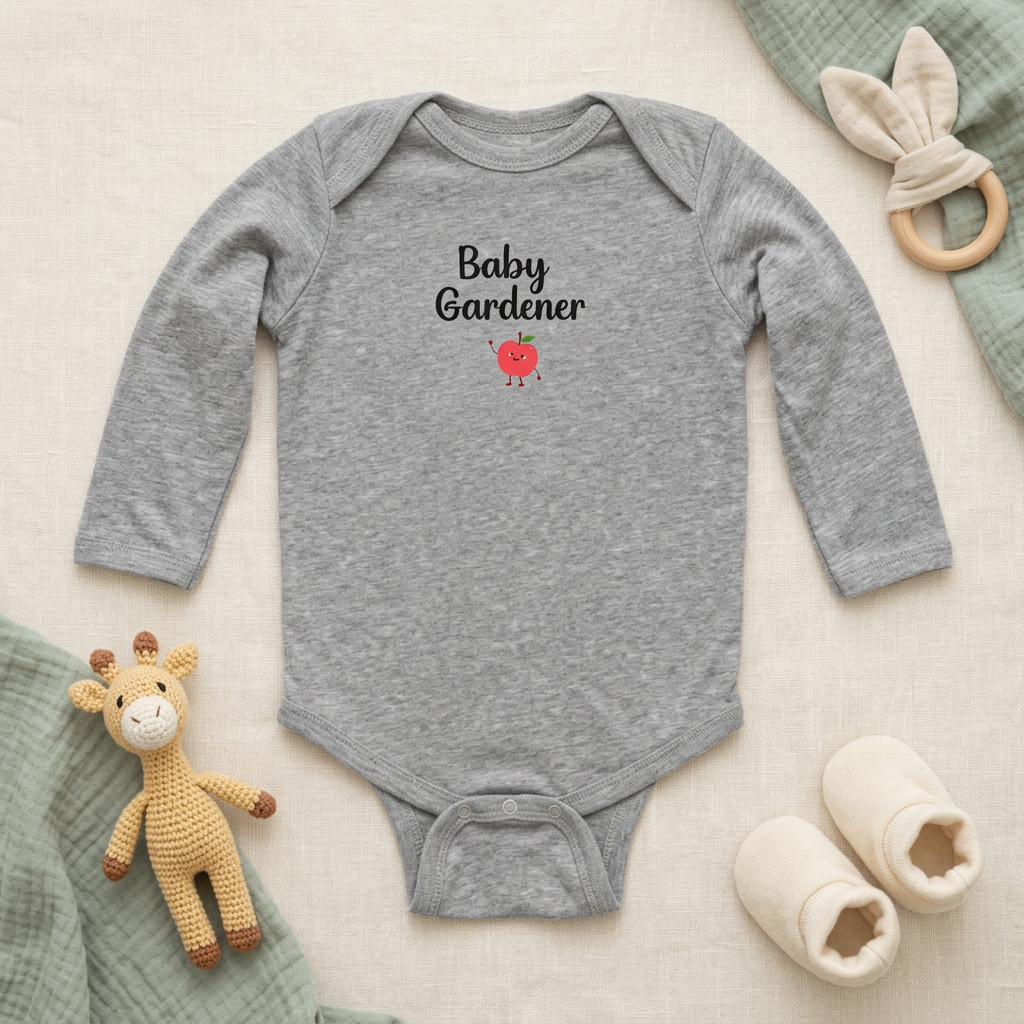 Heather gray Baby Gardener Apple Onesie flat lay