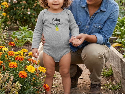 Heather Pineapple onesie, toddler with mother