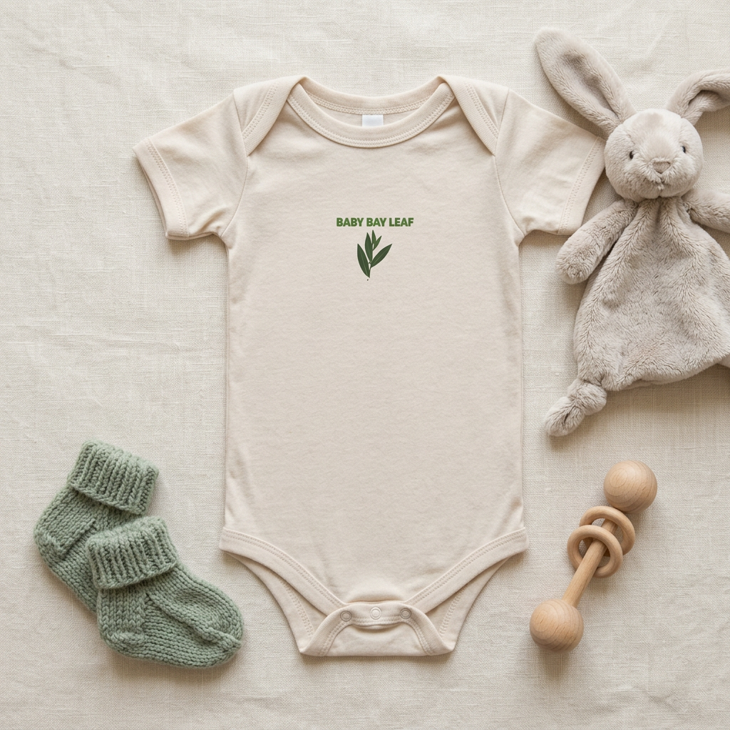 Light neutral Baby Bay Leaf onesie styled as a flat lay with baby accessories.