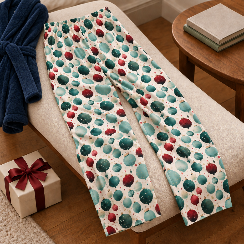 Holiday pajama pants beside a navy robe
