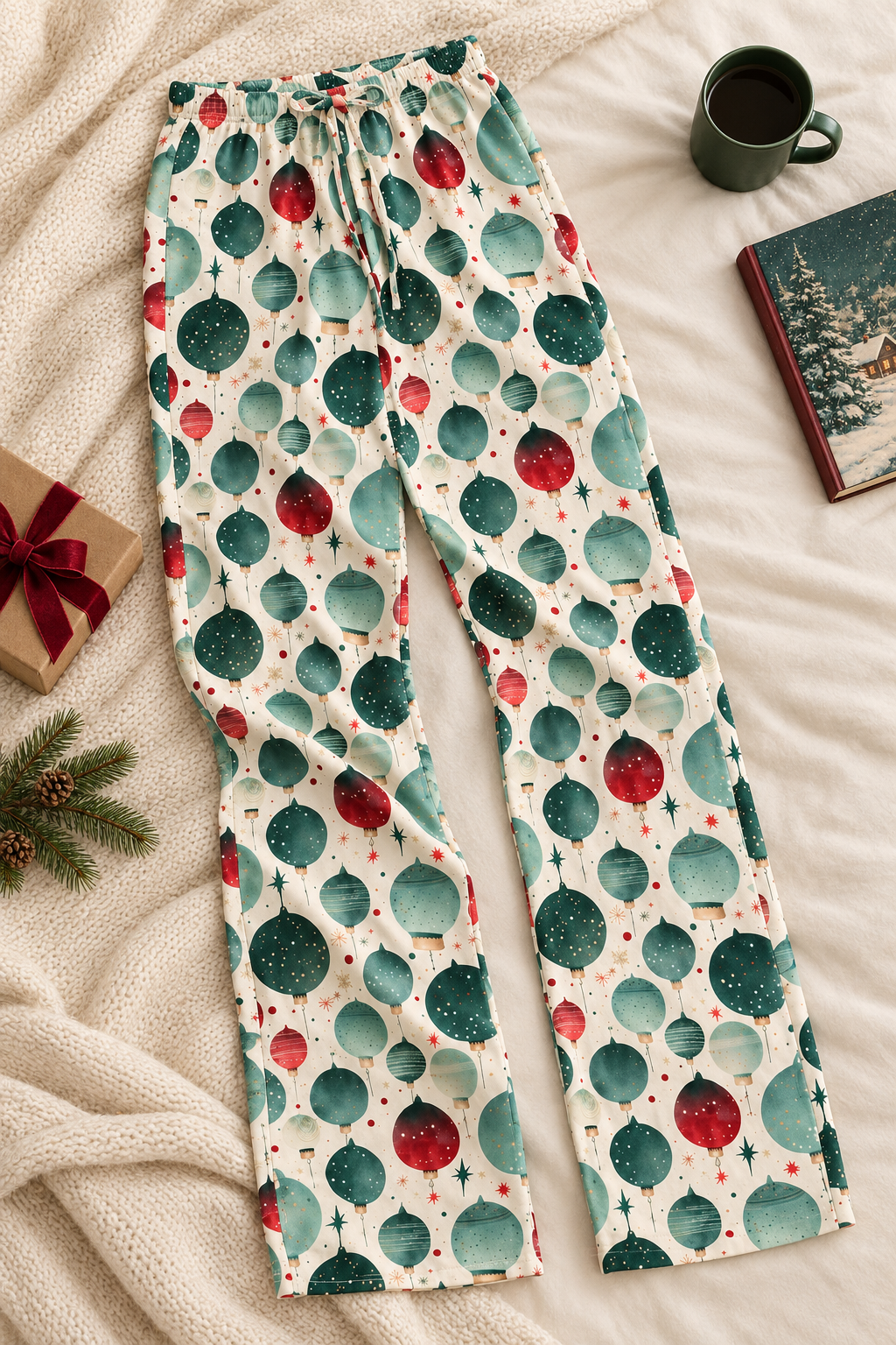 Holiday pajama pants styled with cozy props