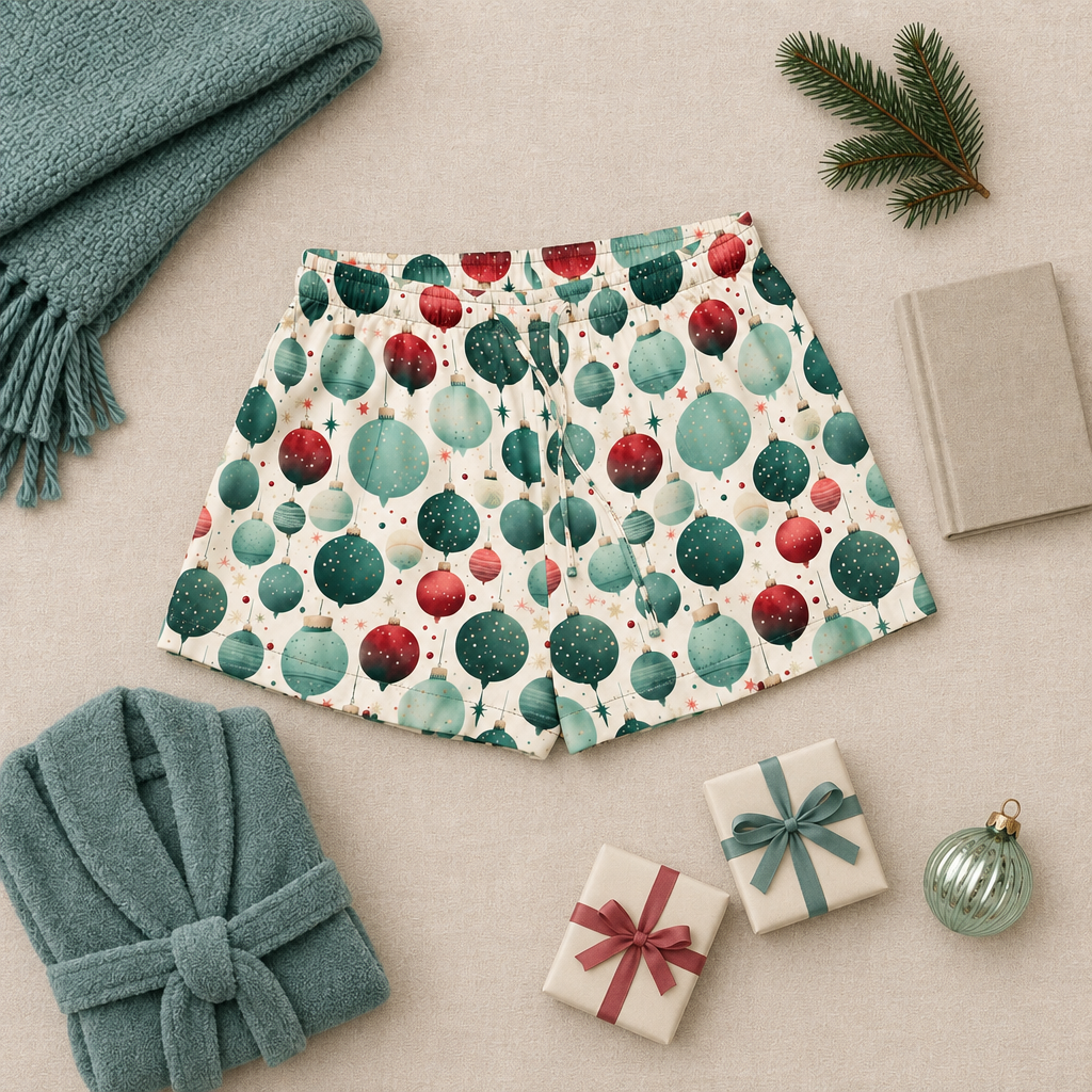 Holiday pajama shorts flat lay with throw, robe, journal, and gifts