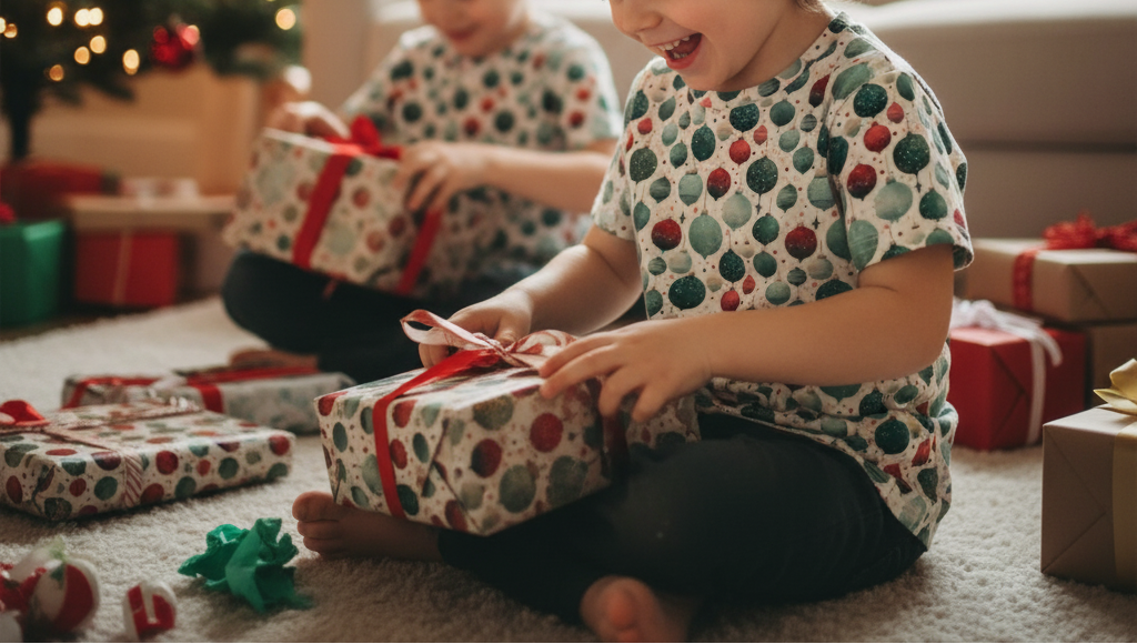 Two children opening Christmas presents in a cozy living room with a decorated tree.