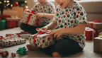 Two children opening Christmas presents in a cozy living room with a decorated tree.