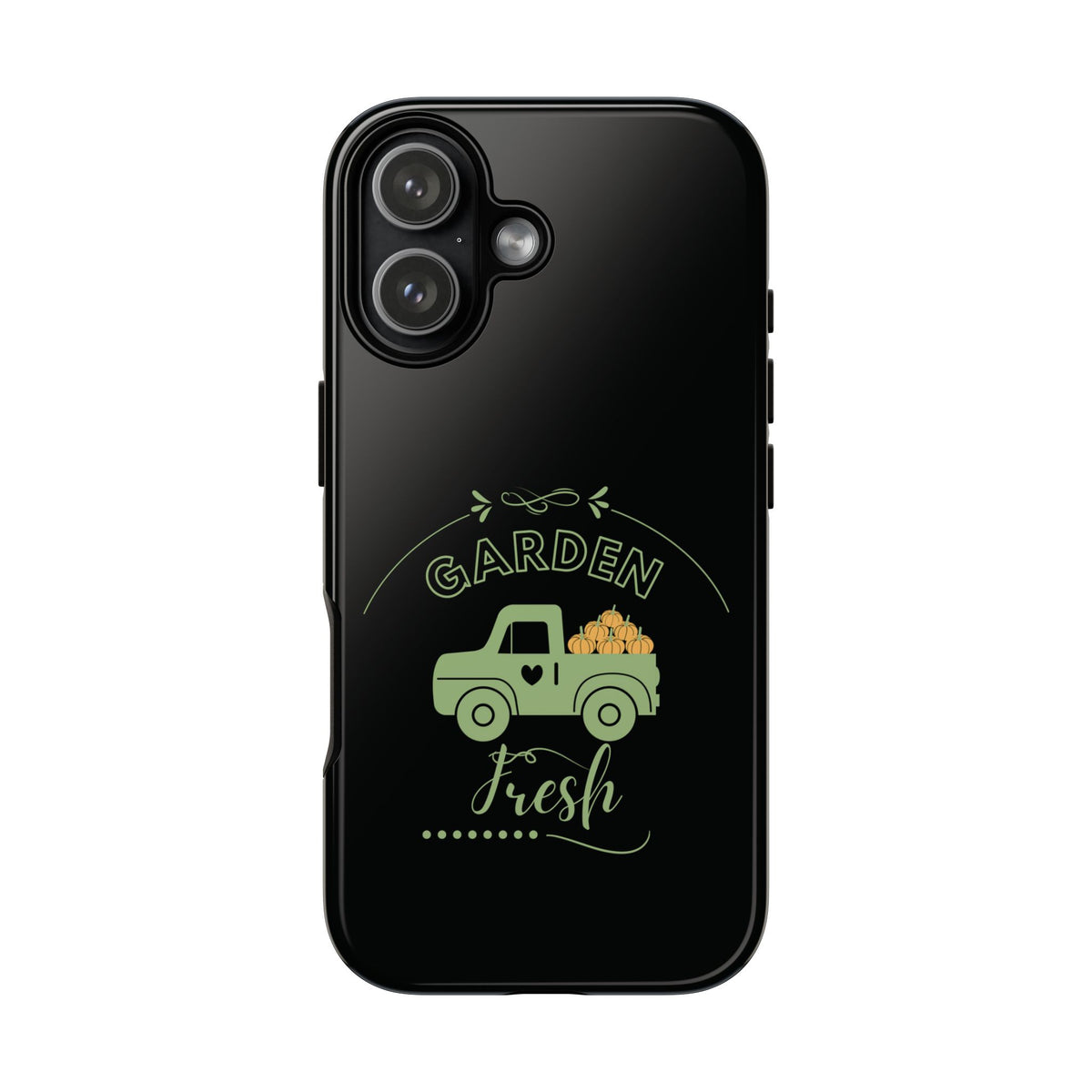 Black cellphone case with Garden Fresh graphic and garden truck design, raised camera cutouts