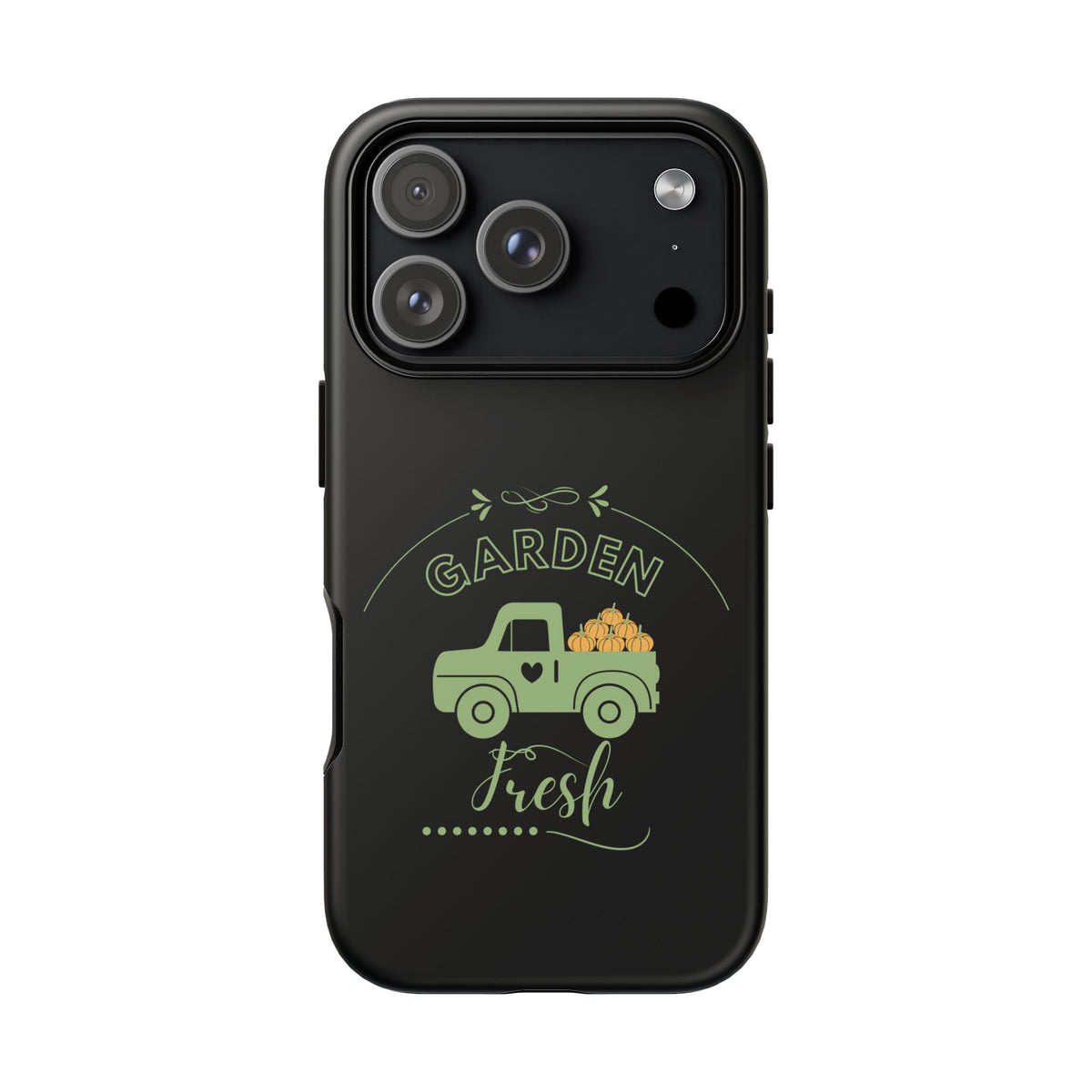 Black cellphone case with Garden Fresh garden truck artwork; triple camera and flash openings