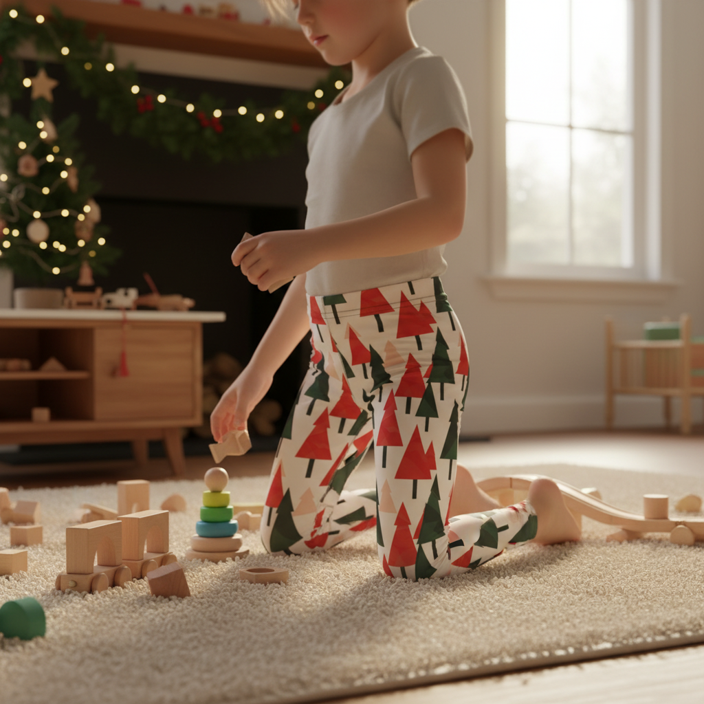 Child wearing Christmas tree leggings in an indoor Christmas playroom