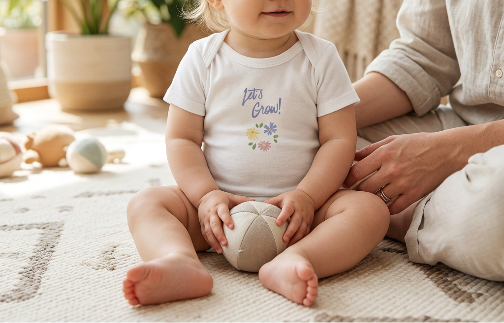 White Let's Grow organic cotton baby onesie sunroom lifestyle image