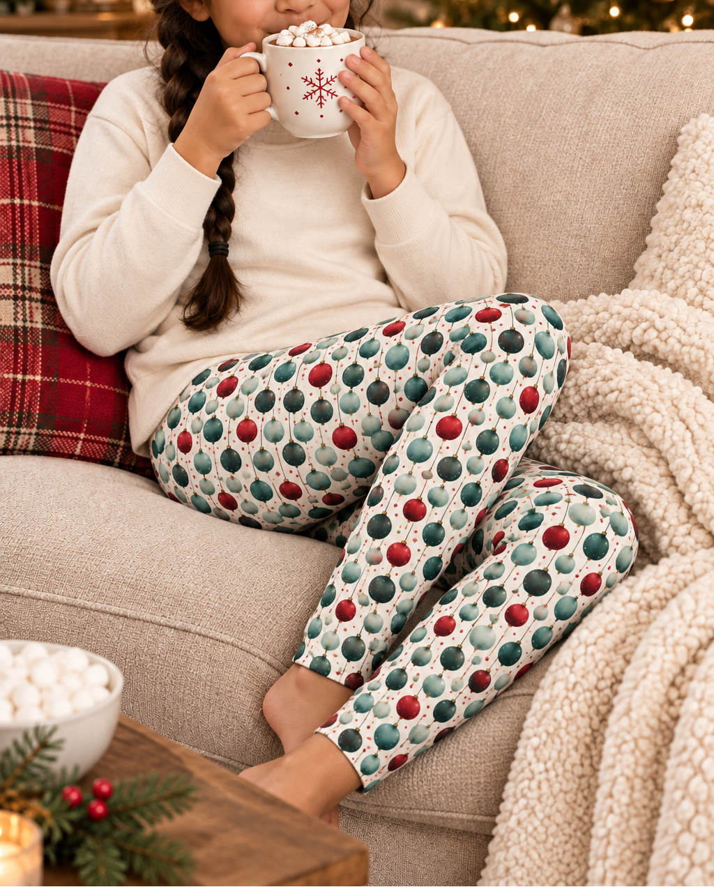 Child in Holiday ornament leggings enjoying cocoa on a sofa