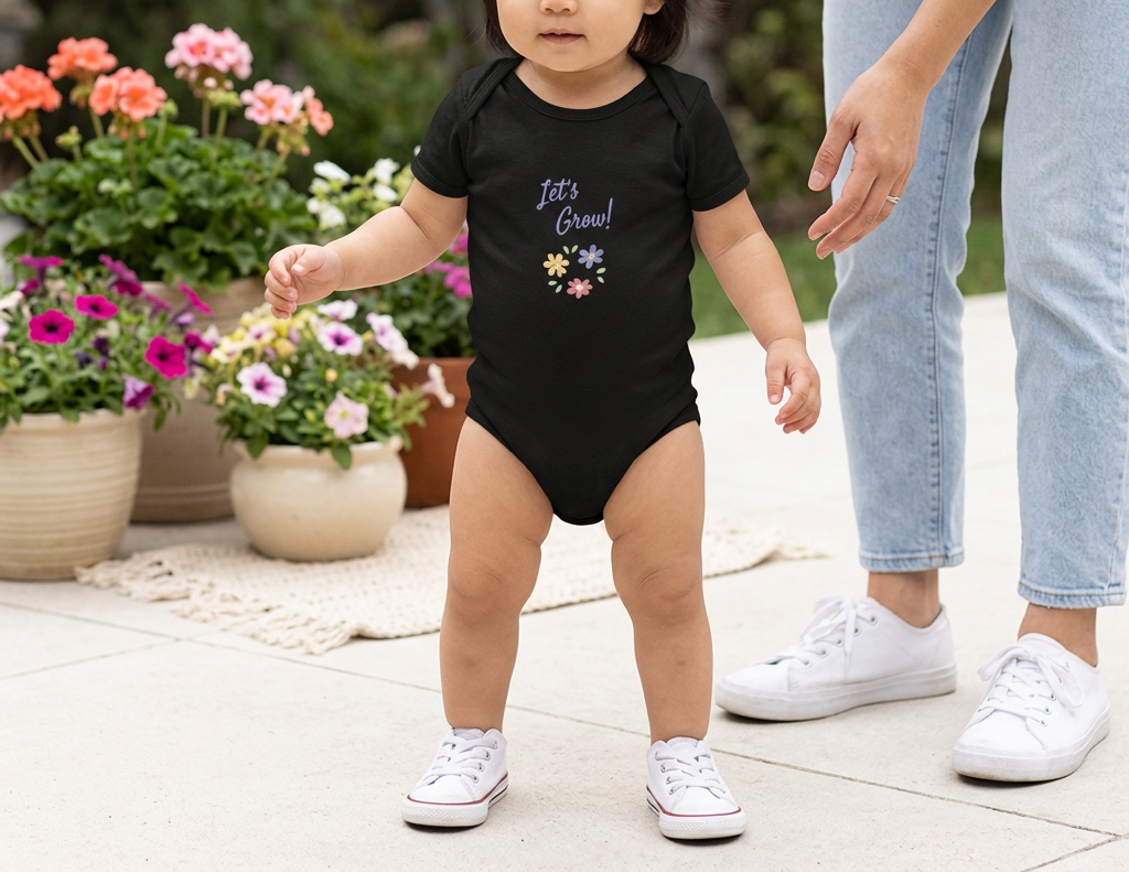 Black Let's Grow organic cotton baby onesie toddler lifestyle image