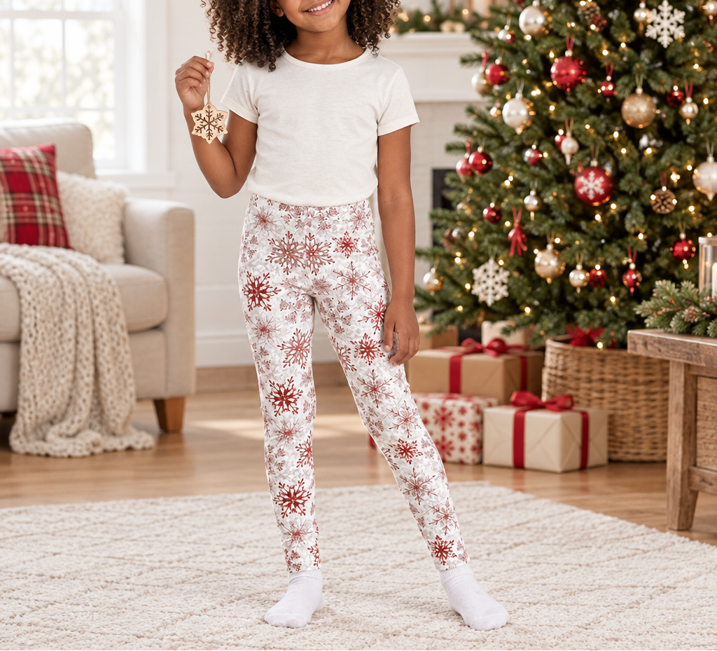 Child wearing Red Snowflake kid pajama leggings decorating a Christmas tree