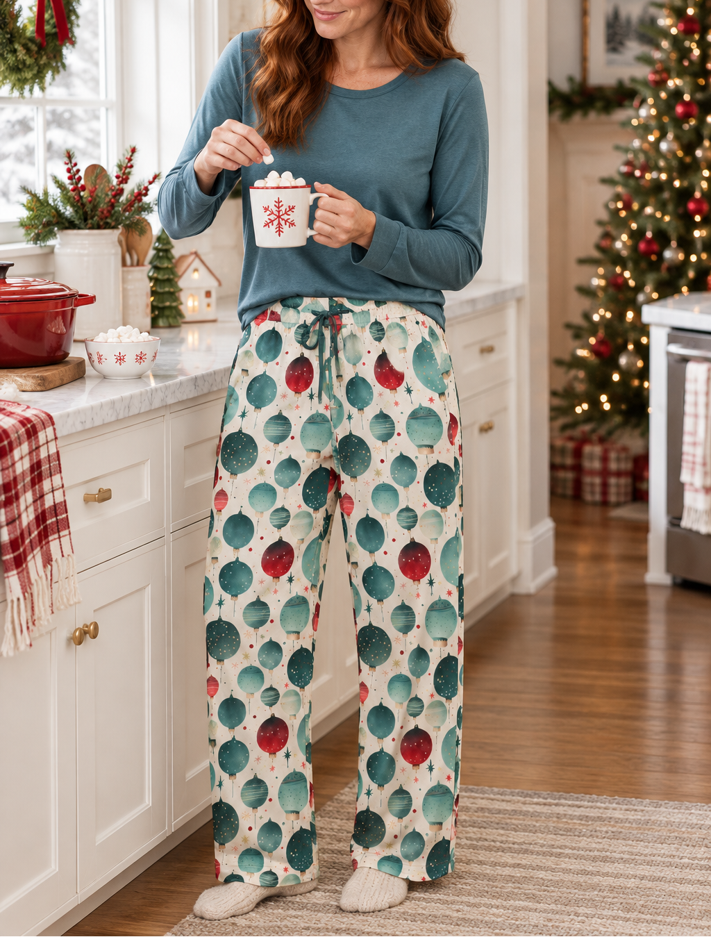 Woman in muted teal pajama top and ornament print pants making cocoa
