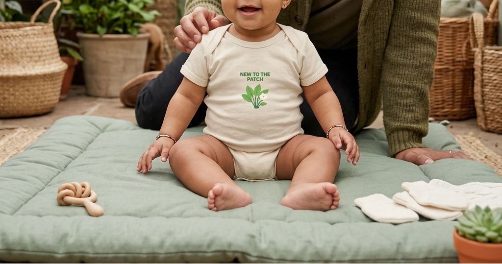 Organic Natural New to the Patch cotton baby onesie sunroom lifestyle image