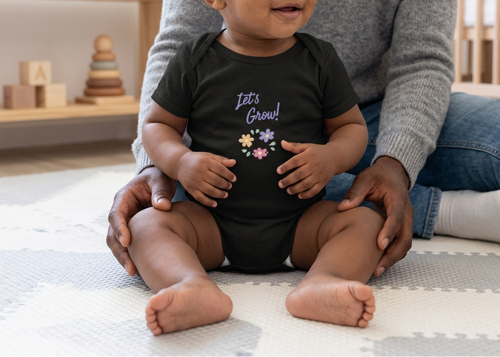 Black Let's Grow organic cotton baby onesie lifestyle image