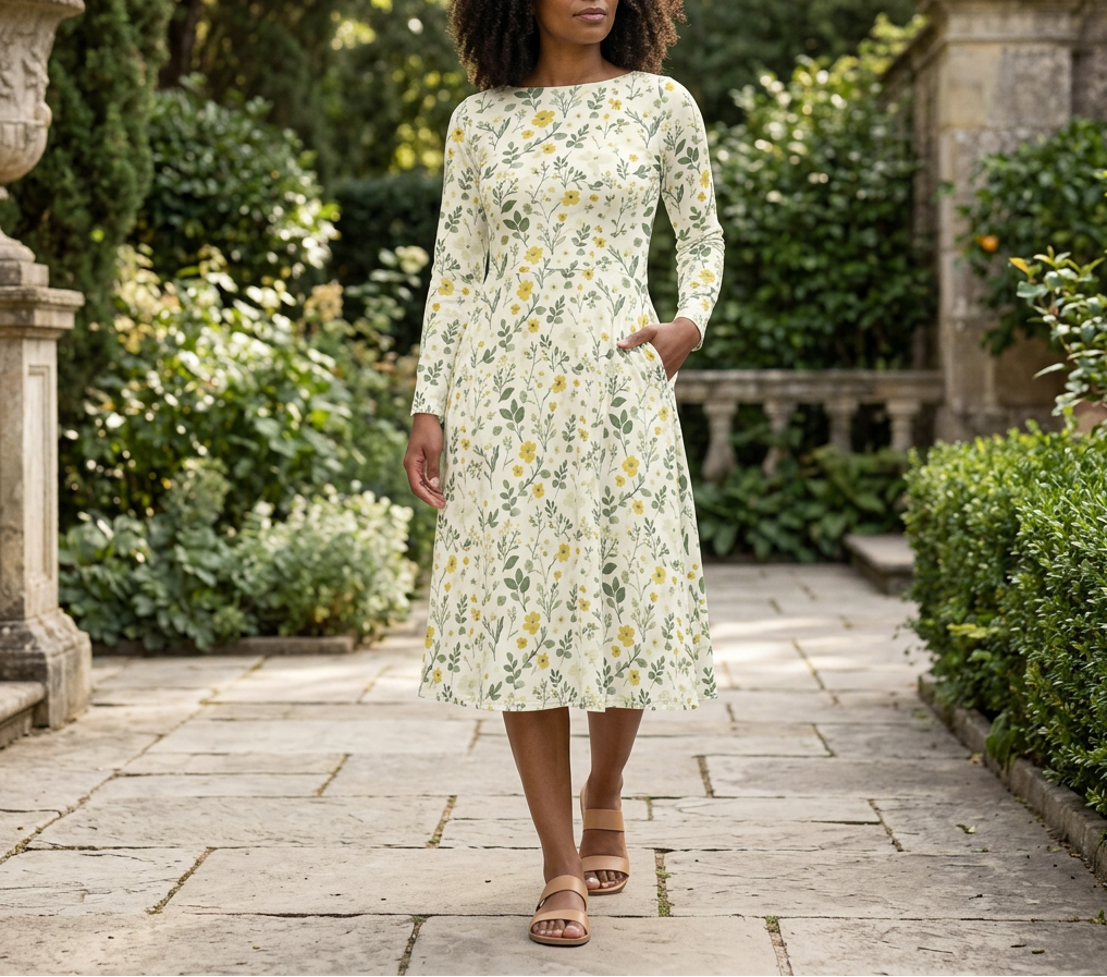 White Floral Long Sleeve Midi Dress lifestyle image 1