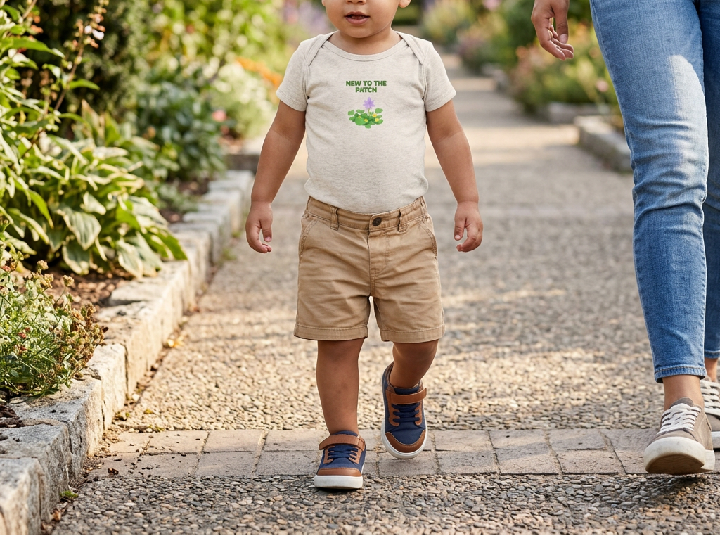 Toddler wearing light neutral New to the Patch flower onesie on a garden path.
