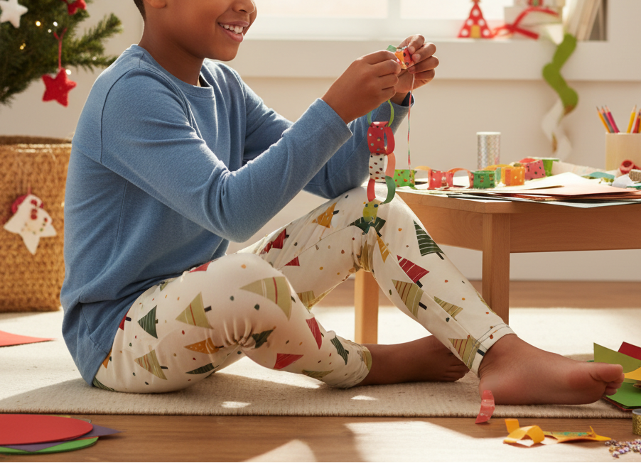 Afro Latino child wearing Spring Christmas leggings with a blue top in an indoor holiday craft room