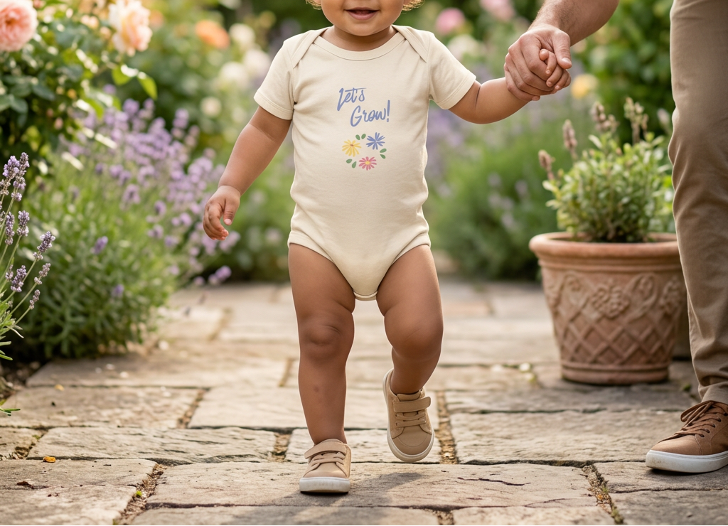 Organic Natural Let's Grow cotton baby onesie garden lifestyle image
