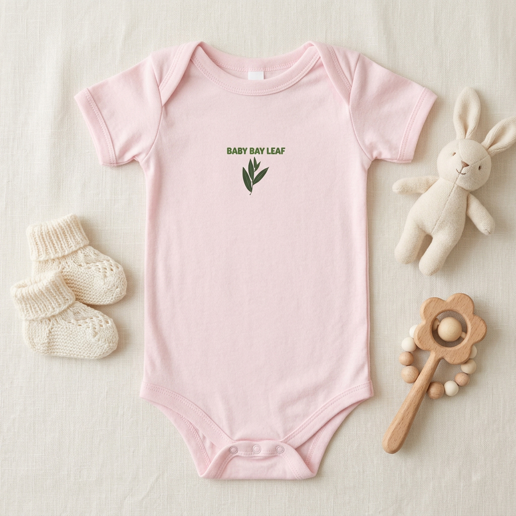 Pink Baby Bay Leaf onesie styled as a flat lay with baby accessories.
