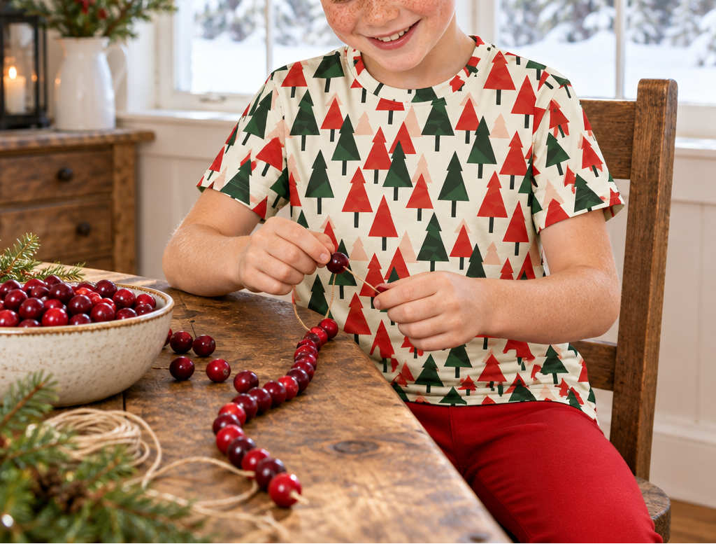 Child in Christmas Tree kids pajama top stringing cranberries at a farmhouse table