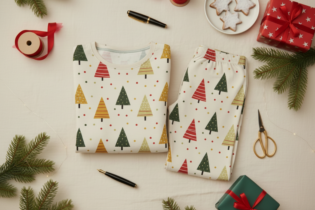 Folded Spring Christmas tree-print men’s pajama set with kraft gifts, ribbon, tags, scissors, and evergreen sprigs