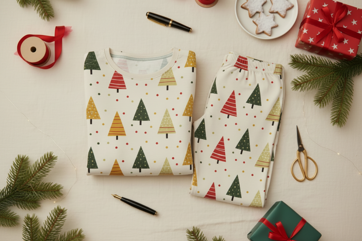 Folded Spring Christmas tree-print men’s pajama set with kraft gifts, ribbon, tags, scissors, and evergreen sprigs
