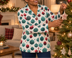 Holiday pajama top with midnight blue pants by Christmas tree