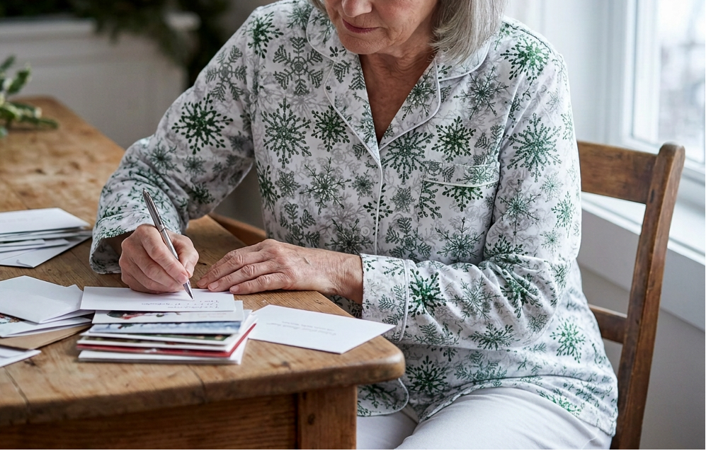 Green Snowflake Women's Long Sleeve Pajama Top with white pants while writing Christmas cards
