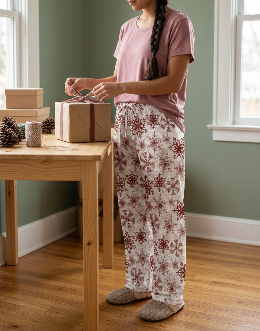 Woman tying gift ribbon wearing Red Snowflake pajama pants and a rose lounge top