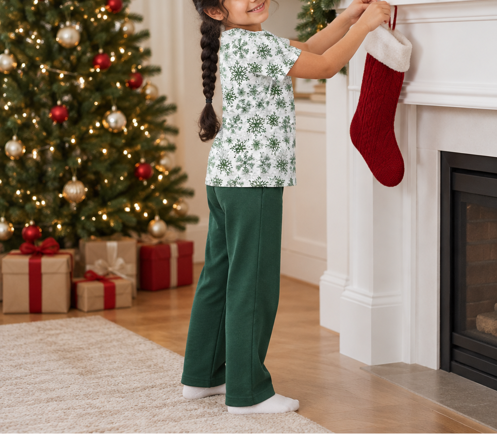 Child wearing green snowflake kids pajama top while hanging a Christmas stocking