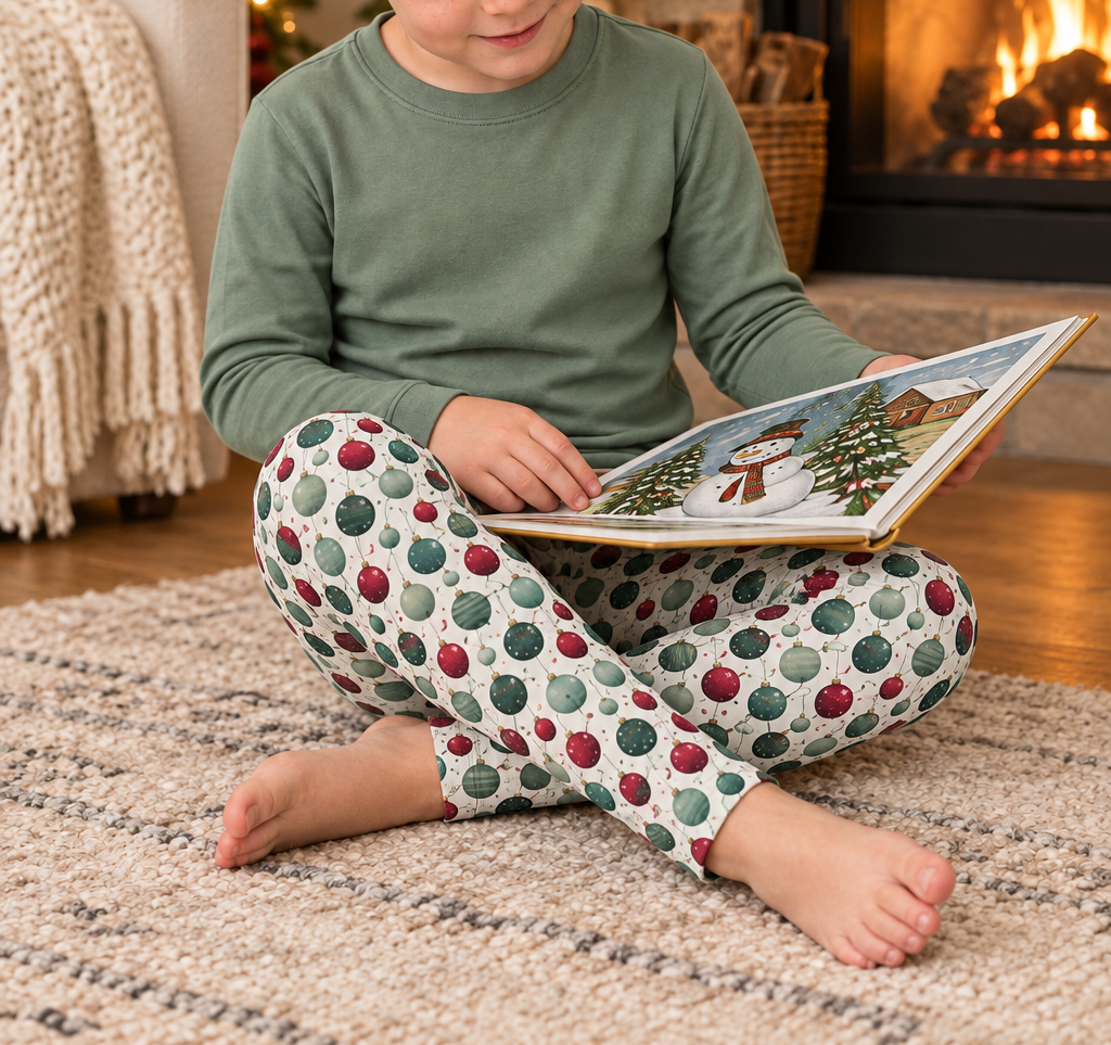 Child wearing Holiday ornament leggings reading by a fireplace