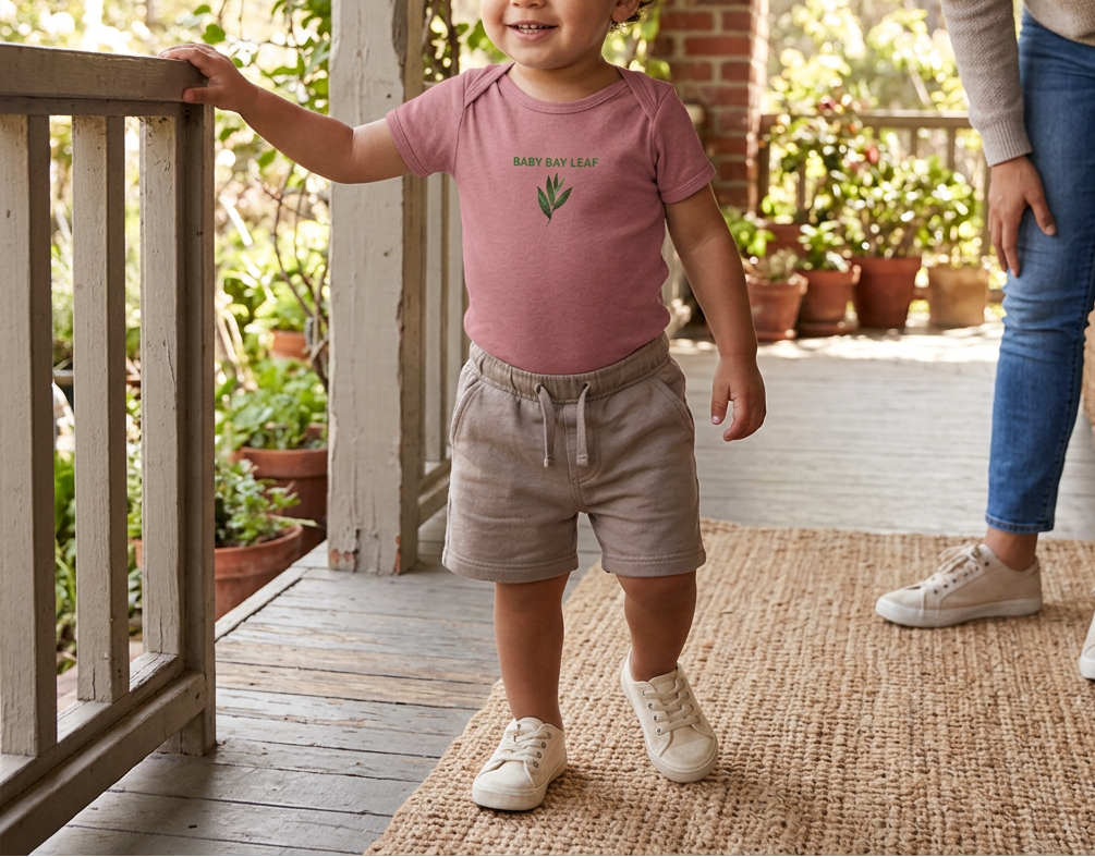 Toddler wearing the mauve Baby Bay Leaf onesie.