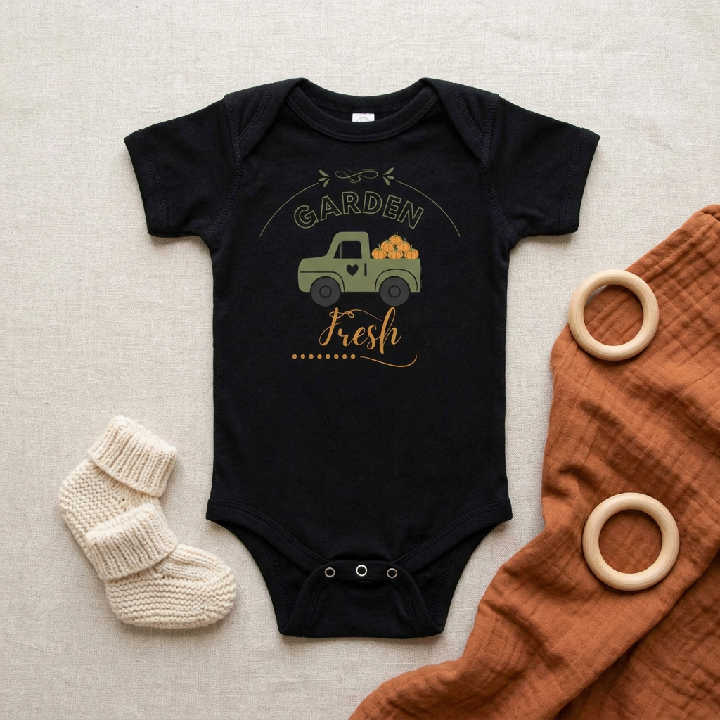 Black Garden Fresh baby onesie styled with rust blanket, cream knitted booties and wooden rings.