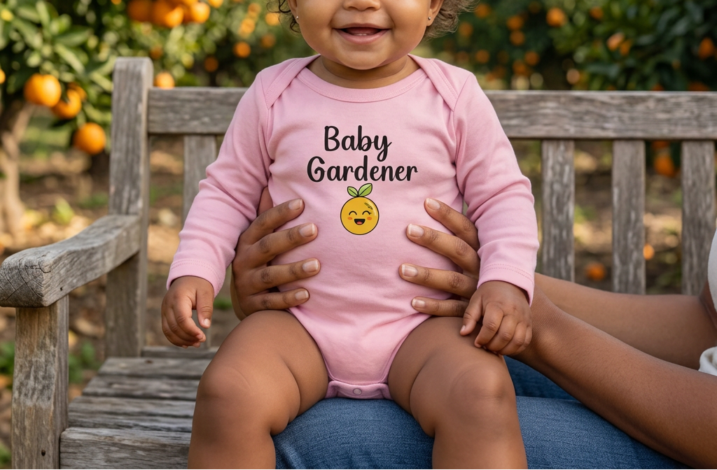 Baby wearing pink Baby Gardener Orange Onesie in a citrus garden