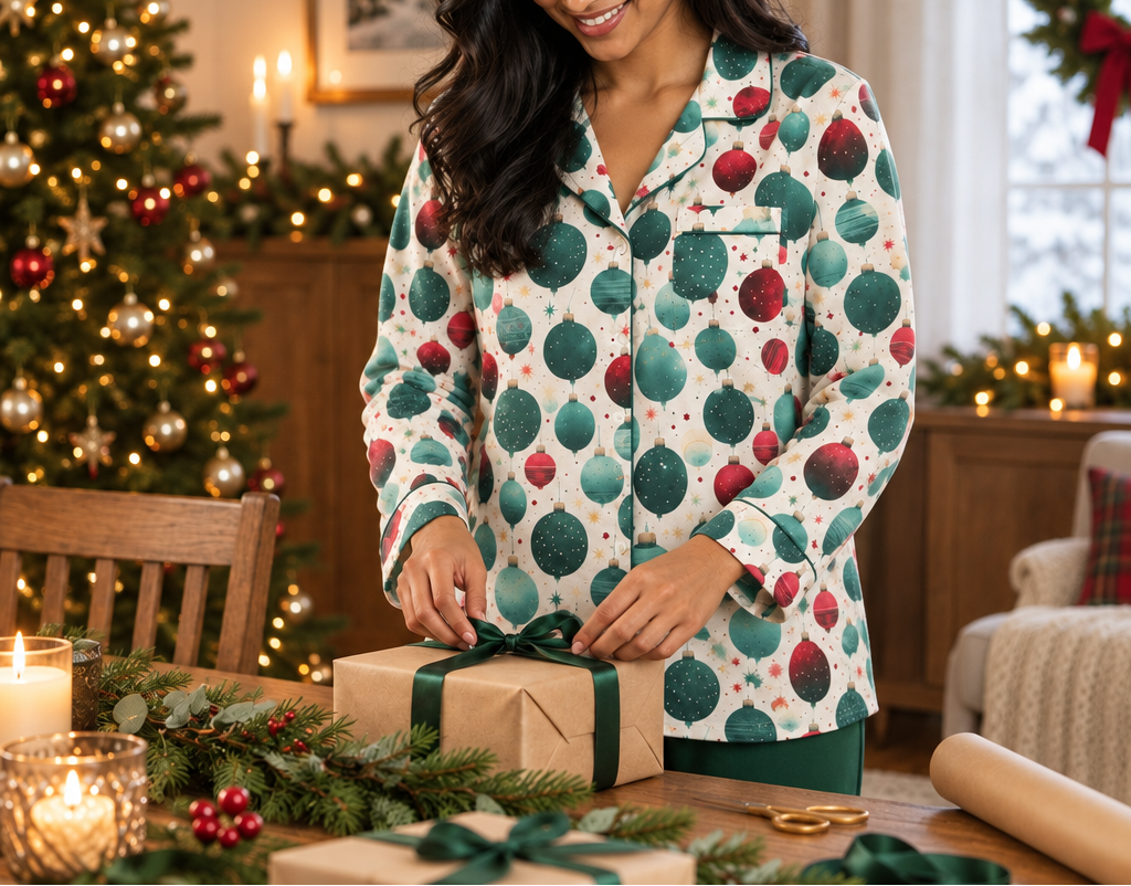 Woman wrapping holiday gifts in a long sleeve ornament print pajama top
