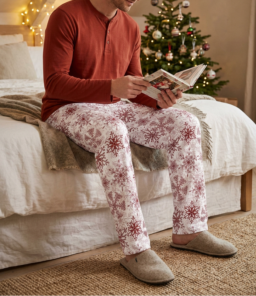 Red Snowflake Men's Pajama Pants worn while looking through a photo album