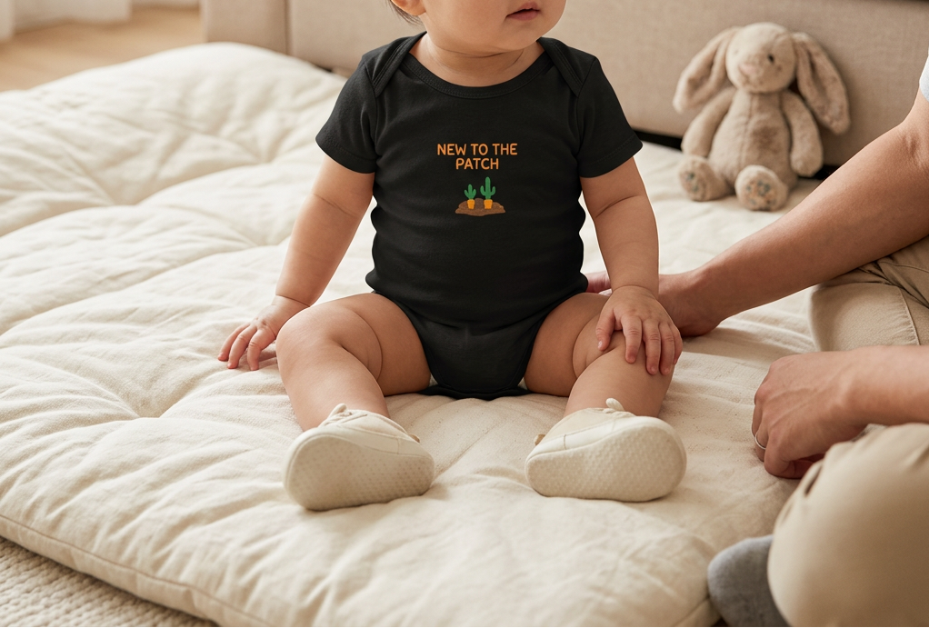 Black Lil Carrot New to the Patch baby onesie lifestyle image