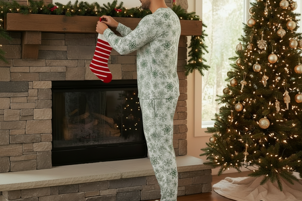 Latino man wearing Green Snowflake pajamas while hanging a Christmas stocking